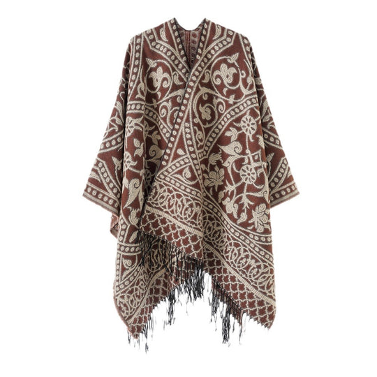 Damen Jacquard-Überwurf mit orientalischem Ornamentmuster und Fransensaum Shop Nory