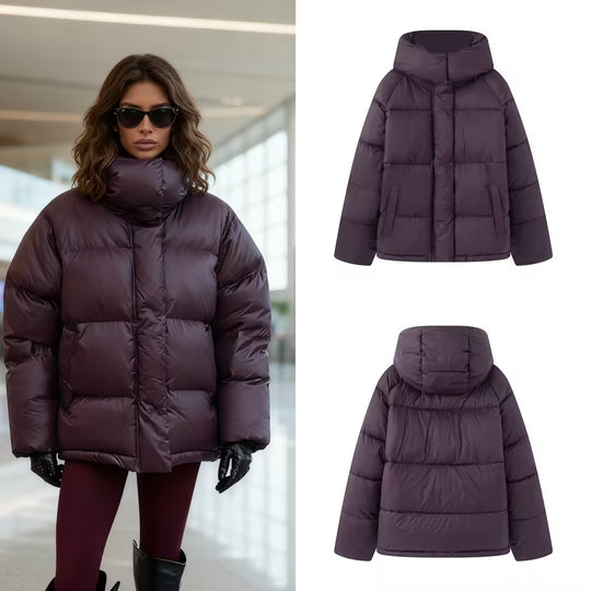 Damen Boxy Steppjacke mit hohem Kragen, Kapuze und verdeckter Verschluss Shop Nory