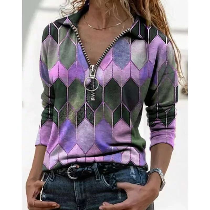 Damen Zip-Pullover mit Polokragen, grafischem Rautenprint und schmaler Passform Shop Nory