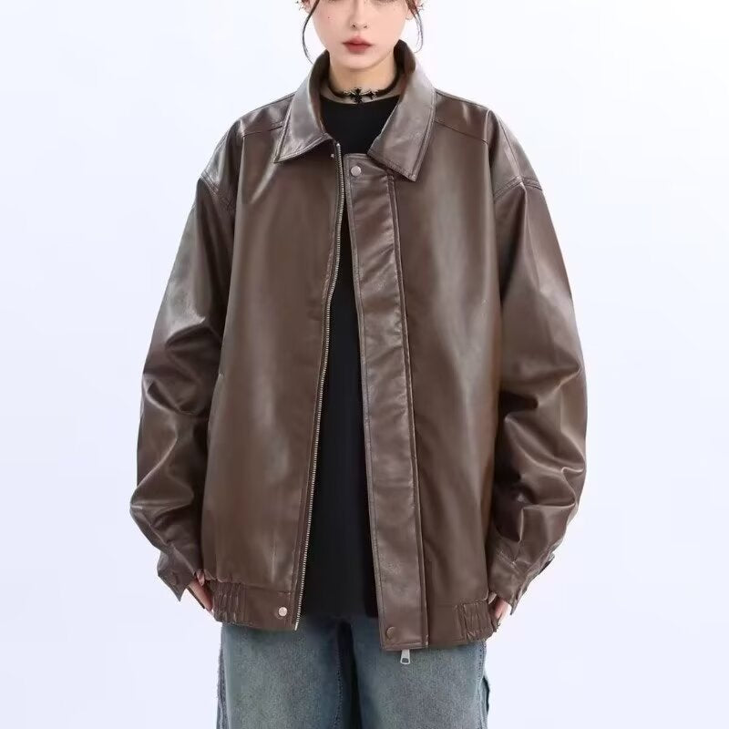 Damen Oversized Kunstleder-Blouson mit elastischem Saum und Hemdkragen Shop Nory