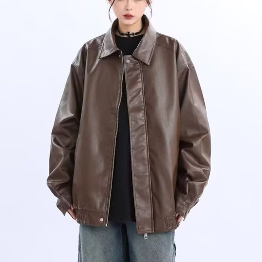 Damen Oversized Kunstleder-Blouson mit elastischem Saum und Hemdkragen Shop Nory