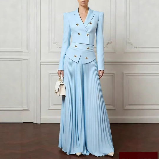 Damen Zweiteiliges tailliertes Kostüm mit Doppelreiher-Blazer und plissiertem Maxirock Shop Nory