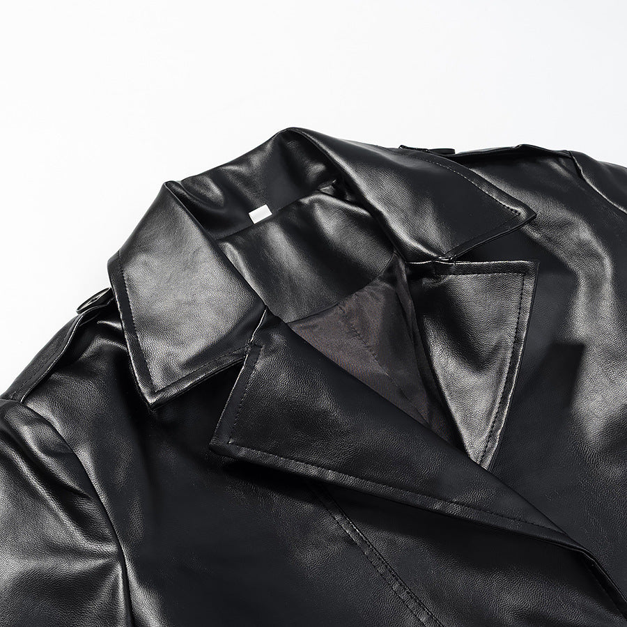 Damen Langer Kunstleder-Trenchcoat mit Taillengürtel und Epauletten Shop Nory