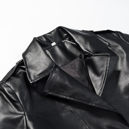 Damen Langer Kunstleder-Trenchcoat mit Taillengürtel und Epauletten Shop Nory