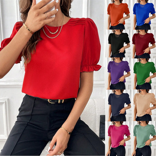 Damen Elegante Chiffonbluse mit Puffärmeln und dekorativen Schulterfalten Shop Nory