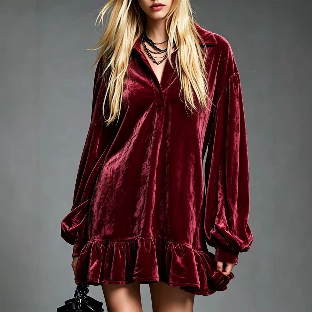 Damen Samt-Minikleid mit Volant-Saum, Ballonärmeln und Hemdkragen Shop Nory