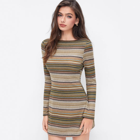 Damen Gestreiftes Feinstrick-Minikleid mit taillierter Silhouette und langen Ärmeln Shop Nory