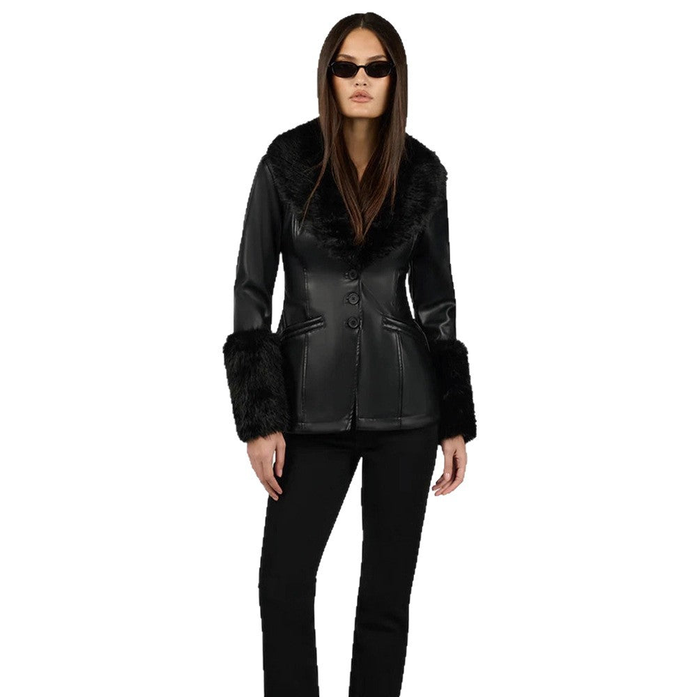 Damen Taillierter Lederimitat-Midimantel mit Wiener Nähten, voluminösem Faux‑Fur‑Schalkragen & Fellmanschetten Shop Nory