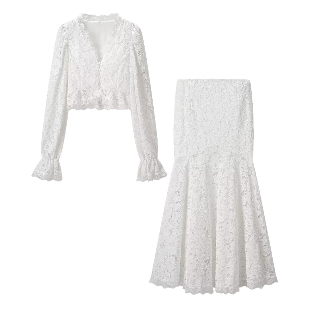 Damen Spitzen-Blusenjacke mit tailliertem Peplum und voluminösen Ballonärmeln Shop Nory