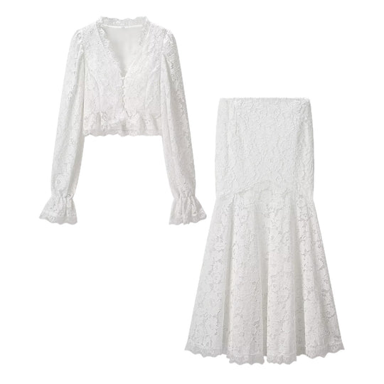 Damen Spitzen-Blusenjacke mit tailliertem Peplum und voluminösen Ballonärmeln Shop Nory