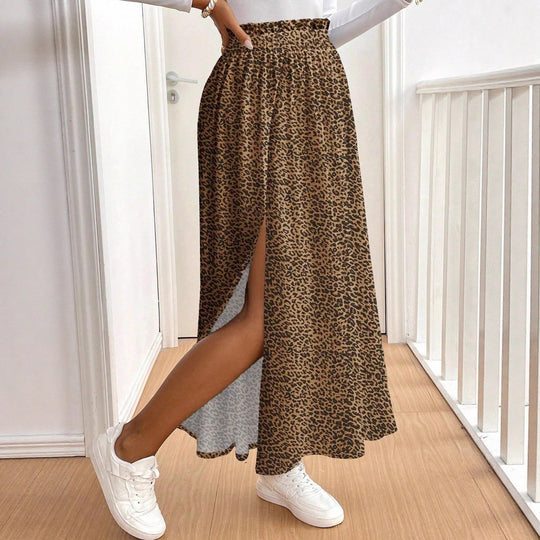 Damen Maxirock mit hohem Schlitz und Leopardendruck Shopnory