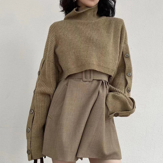 Damen Kurzgeschnittener Rollkragen-Bolero-Überwurf mit langen Ärmelknöpfen Shop Nory