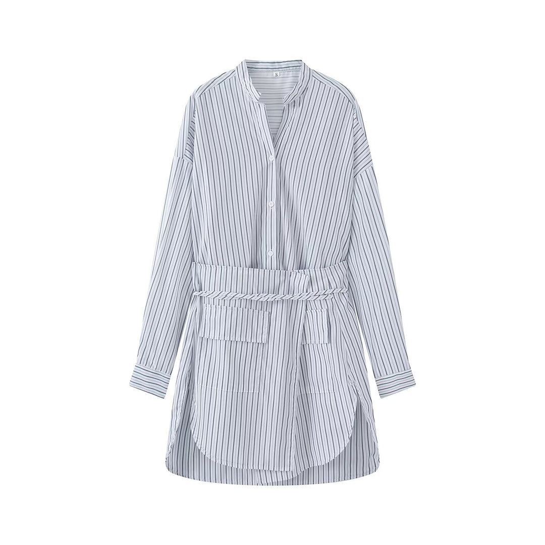 Damen Hemdblusenkleid mit Taillengürtel, Mandarin-Kragen und aufgesetzten Taschen Shop Nory