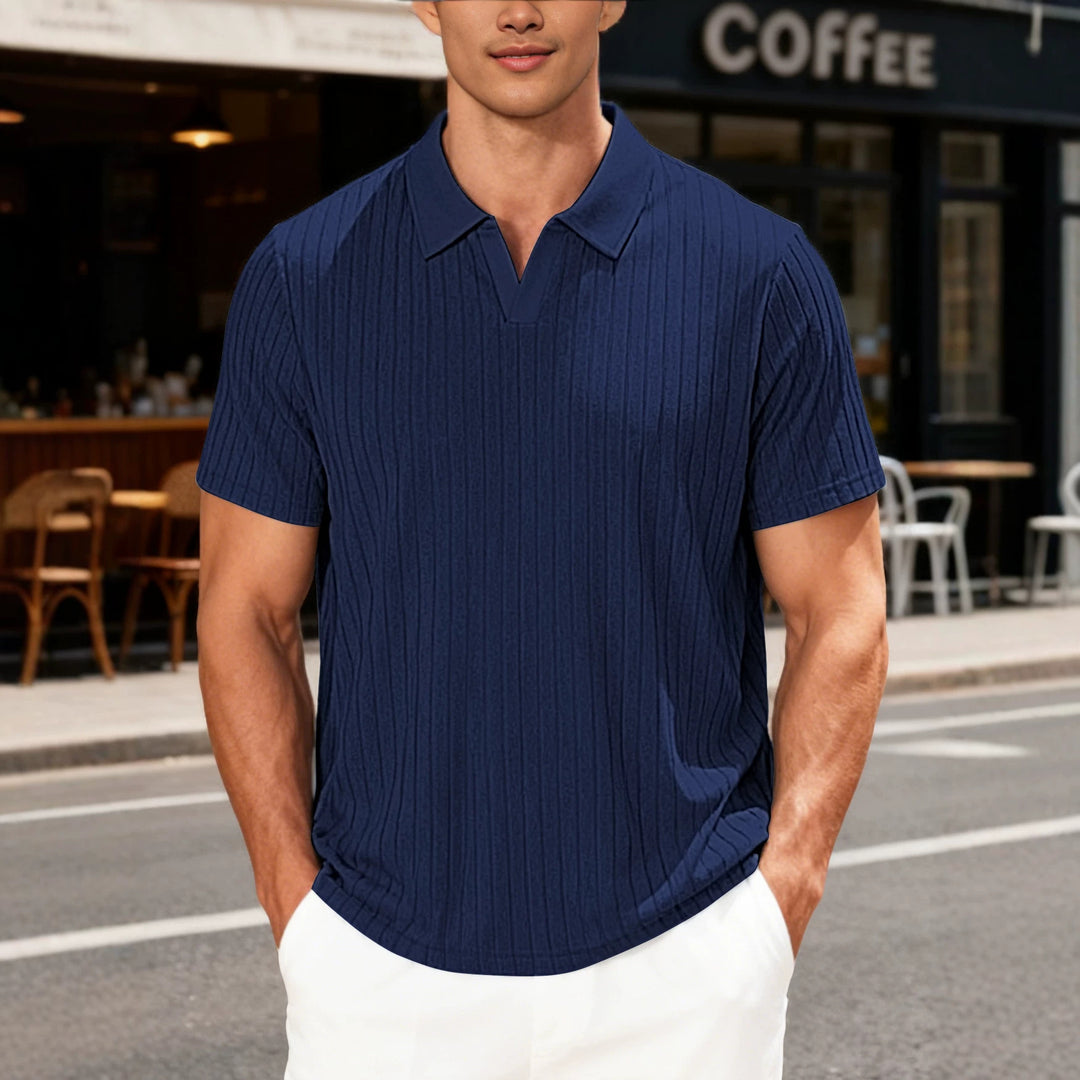 Herren Geripptes Kurzarm-Polohemd mit V-Ausschnitt und offener Kragenpartie Shop Nory