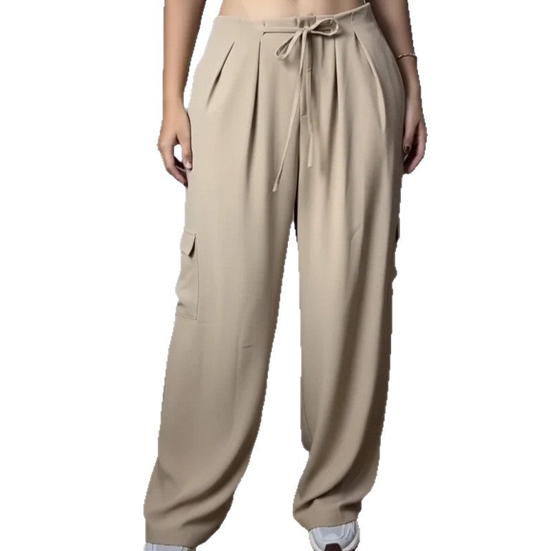 Damen Hochtaillierte Cargo-Hose mit weitem Bein, Tunnelzug und Bundfalten Shop Nory