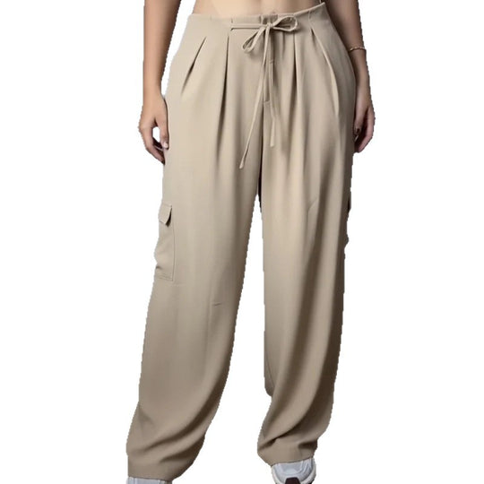 Damen Hochtaillierte Cargo-Hose mit weitem Bein, Tunnelzug und Bundfalten Shop Nory