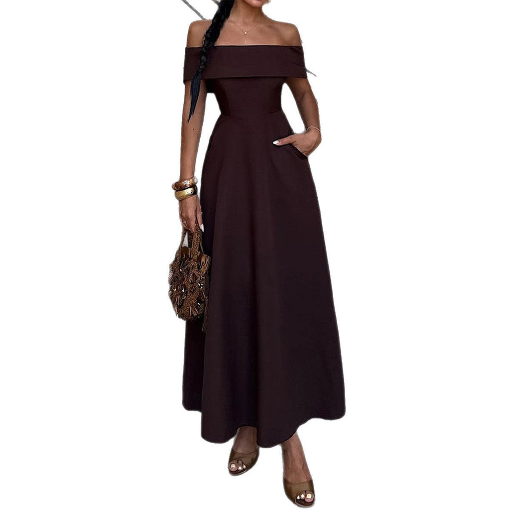 Damen Off-Shoulder Maxikleid mit Taschen und eleganter Silhouette Shopnory