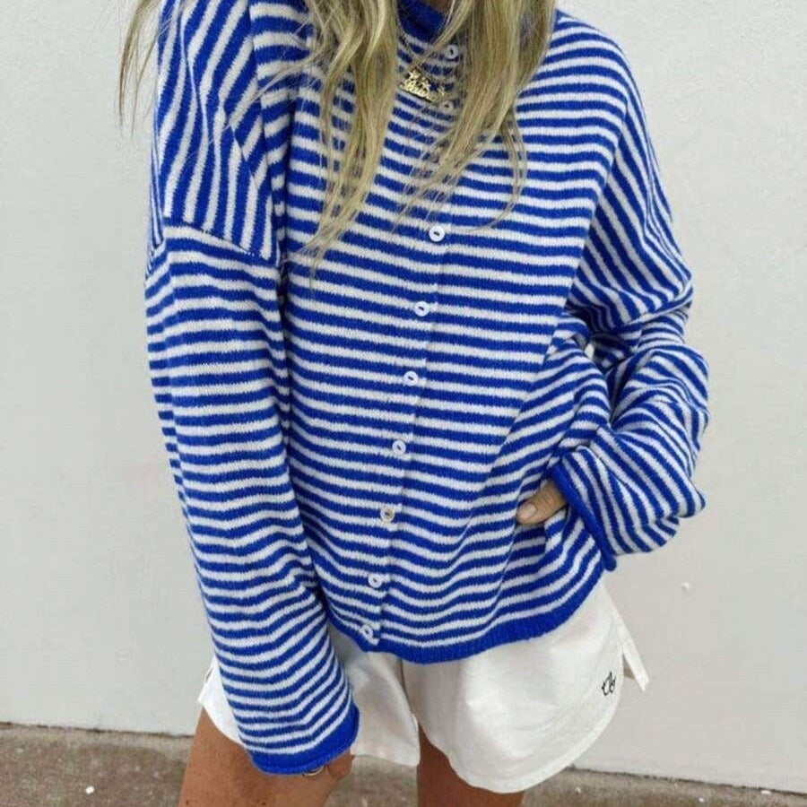 Damen Gestreifter Oversize Strickcardigan mit Knopfleiste und maritimem Look Shop Nory