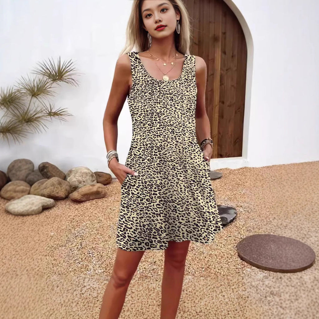 Damen lässiges Sommerkleid mit Federmuster und praktischen Seitentaschen