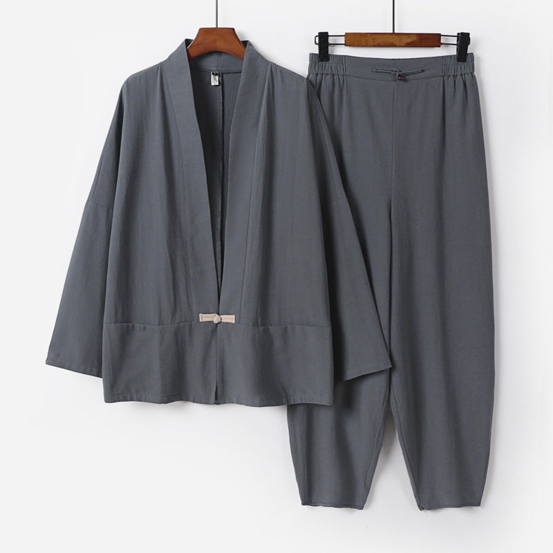Herren Zen-Relax-Set mit offener Kimono-Jacke, dekorativem Knebelverschluss und tapered Harem-Joggpants Shop Nory