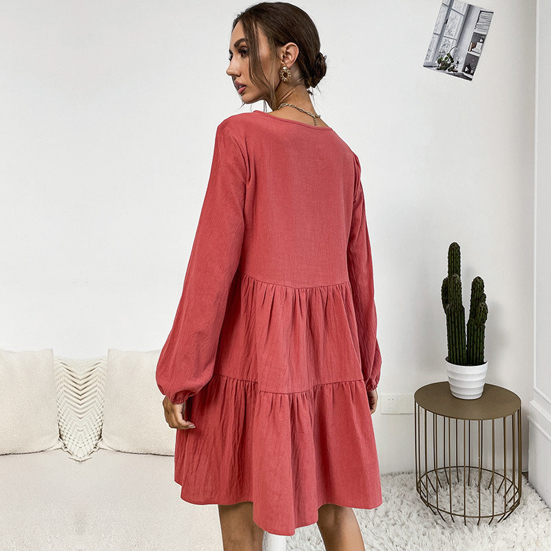 Damen Lockeres Cord-Volantkleid mit Stufenrock & Zierknopfleiste Shop Nory