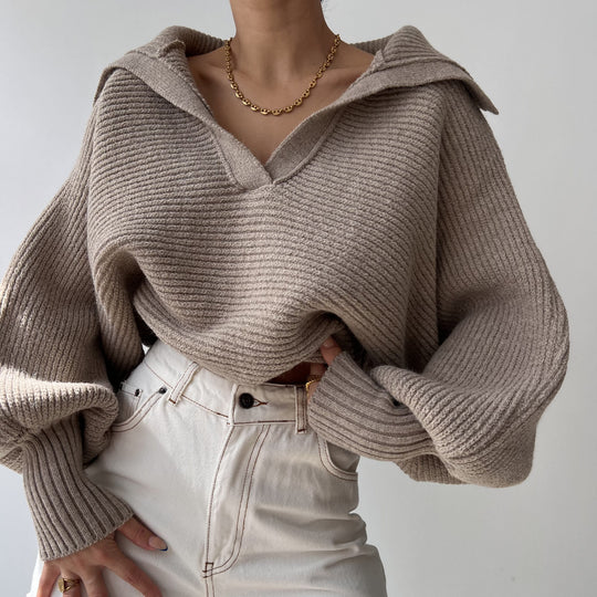 Damen Grobstrick Cropped-Pullover mit weitem Matrosenkragen und Oversize-Ärmeln Shop Nory