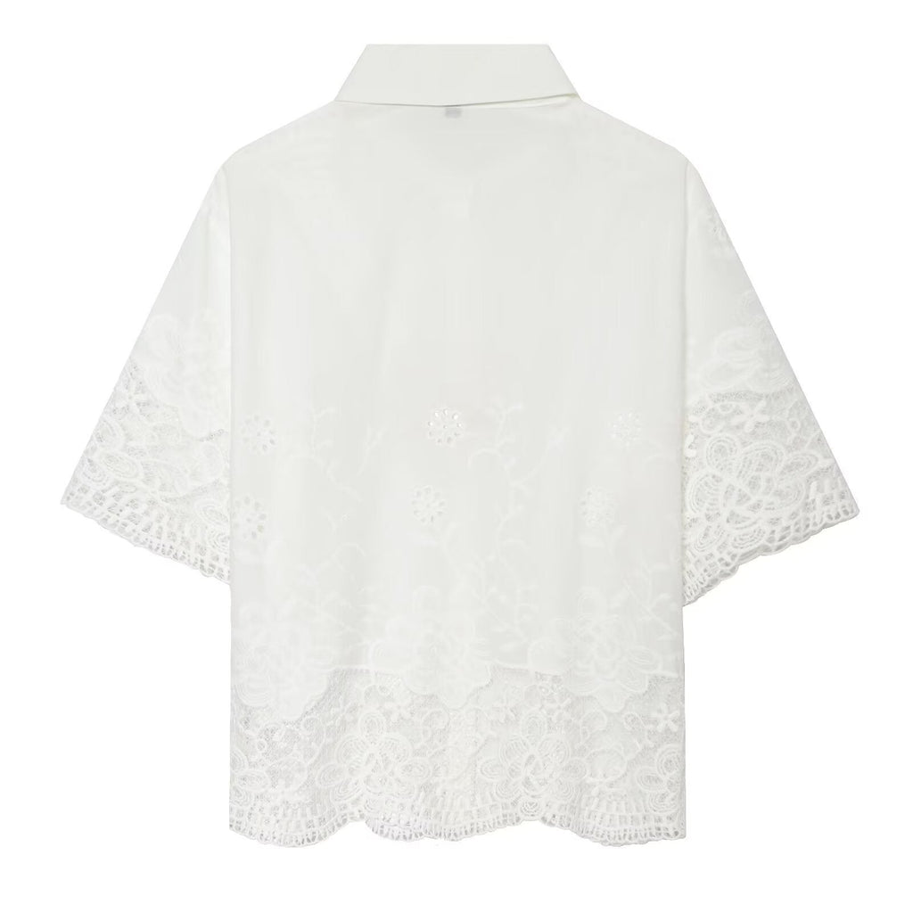 Damen Kurzarmbluse mit filigranem Spitzenbesatz Shopnory