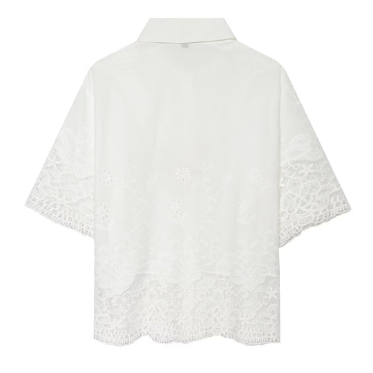 Damen Kurzarmbluse mit filigranem Spitzenbesatz Shopnory