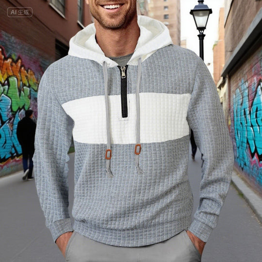 Herren strukturierter Kapuzenpullover mit halbem Reißverschluss, Kontrastbrust und Kängurutasche Shop Nory