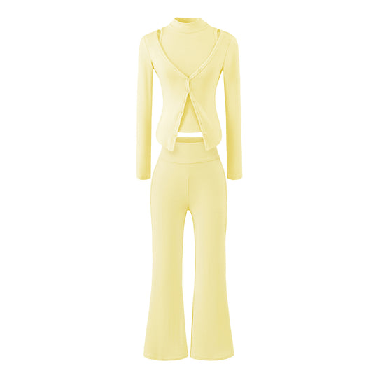 Damen Figurbetontes Layering-Set mit Rollkragen-Longsleeve und asymmetrischer Knopfjacke und ausgestellter High-Waist Hose Shop Nory