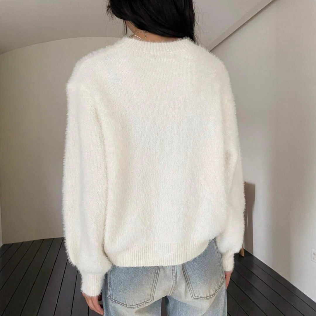 Damen Kurzgeschnitteter Flauschpullover mit Ballonärmeln und Rundhalsausschnitt Shop Nory