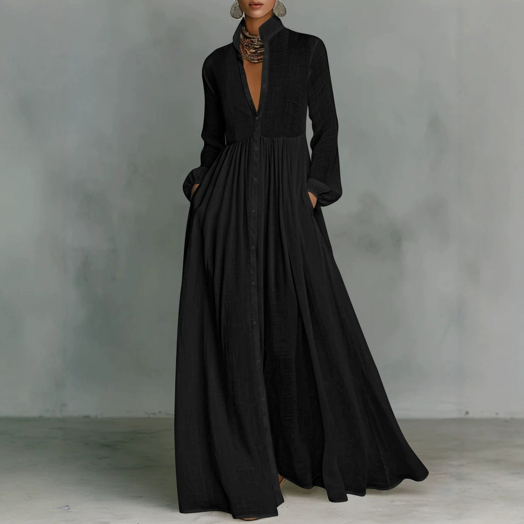 Damen Maxikleid mit Stehkragen, durchgehender Knopfleiste, taillenhoher Raffung und Eingrifftaschen Shop Nory