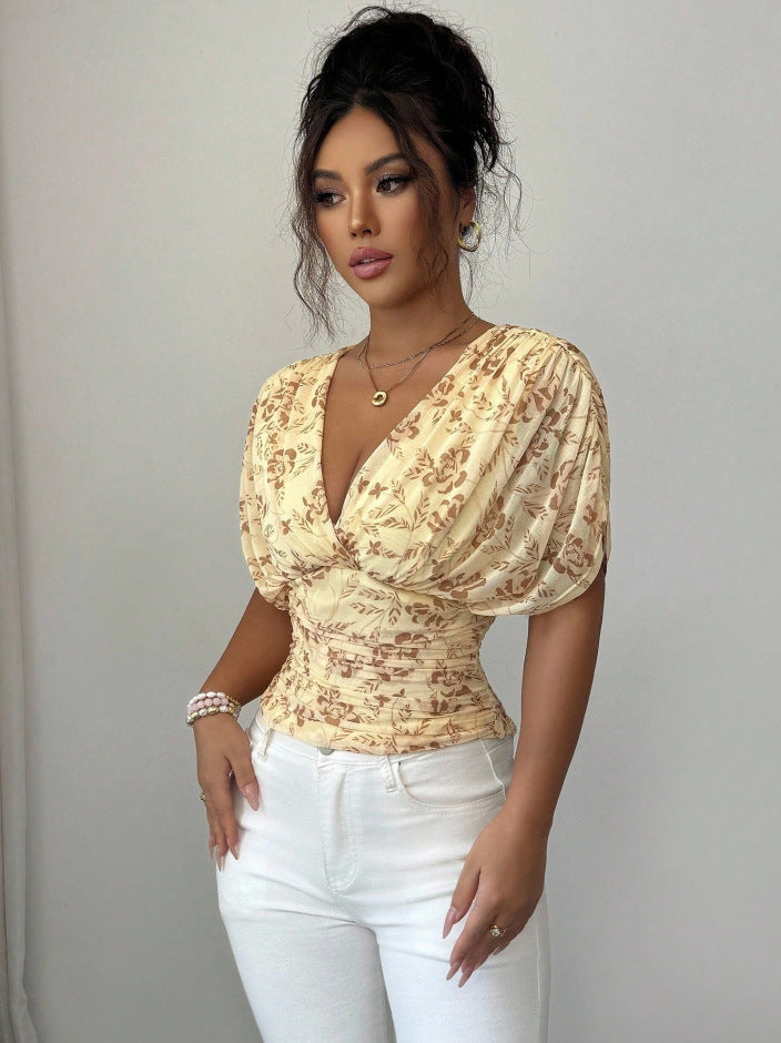 Damen Figurbetonte Wickelbluse mit tiefem V-Ausschnitt, geraffter Taille und Kimonoärmeln Shop Nory
