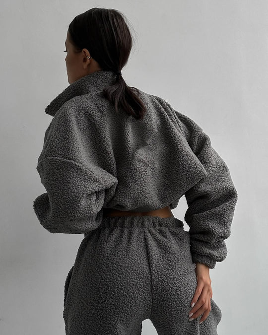 Damen Teddy-Fleece Loungewear-Set mit Reißverschlussjacke und Kordelzug-Hose Shop Nory