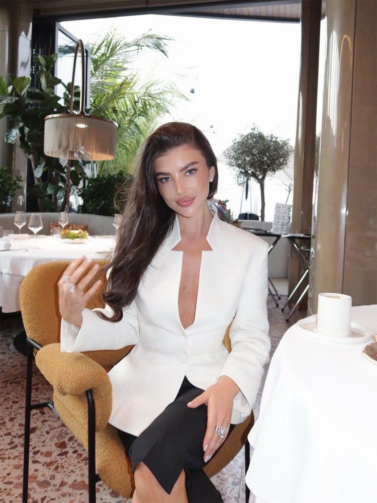 Damen Taillierter Einreihiger Blazer mit Stehkragen und tiefem V‑Ausschnitt Shop Nory