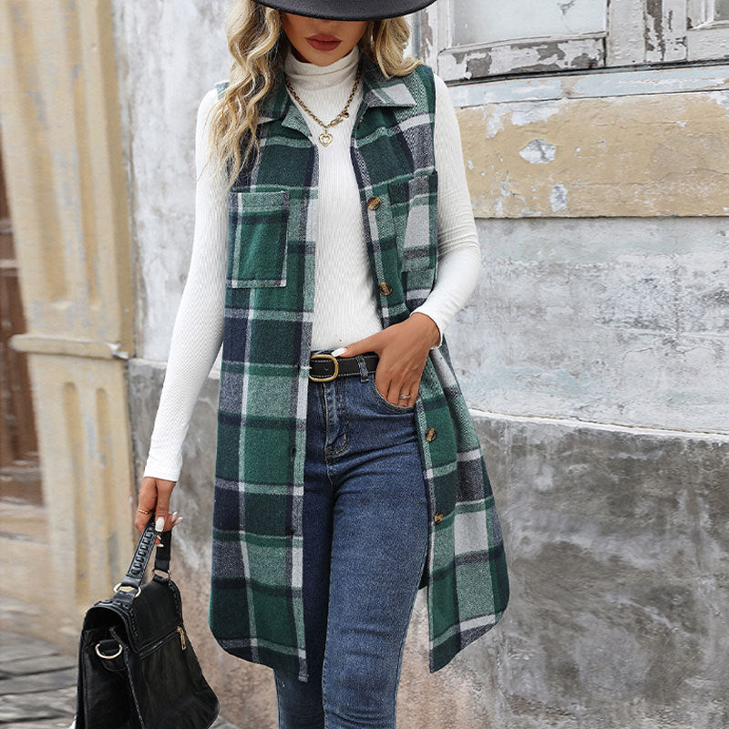 Damen Langer Karo-Weste mit Taschen Shop Nory