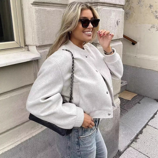 Damen Kurzgeschnittene Wollmix Bomberjacke mit Druckknöpfen und Rippbündchen Shop Nory