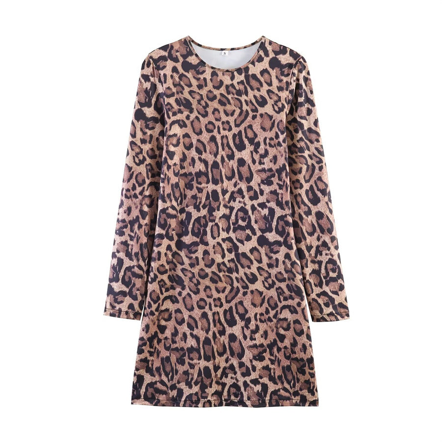 Damen Leoprint-Minikleid mit Rundhalsausschnitt, langen Ärmeln und A-Linien‑Silhouette Shop Nory