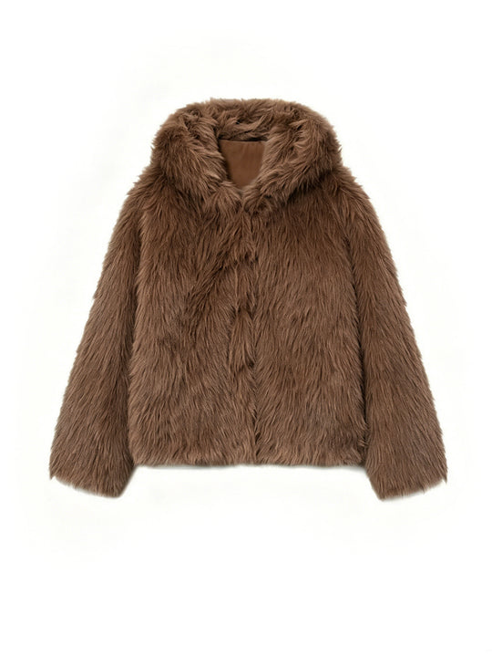 Damen Kurzblouson aus langfaserigem Shaggy‑Faux‑Fur mit hohem Schalkragen und klarer Boxy‑Silhouette Shop Nory