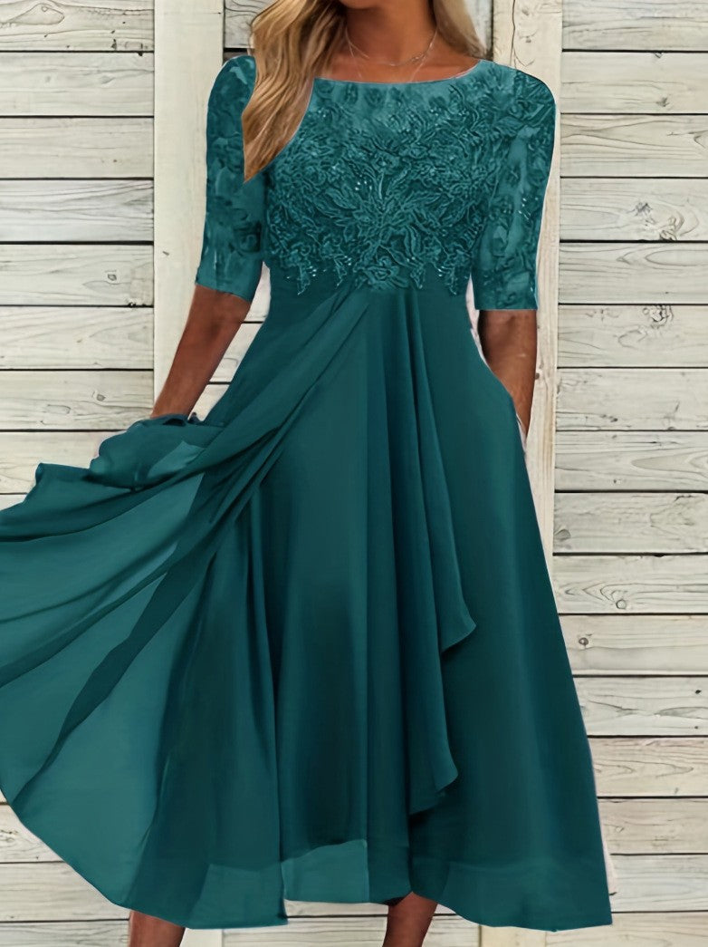 Damen nan V-Ausschnitt Chiffon-Midikleid mit besticktem Bustier, transparenten dreiviertel-Ärmeln und asymmetrischem Lagenrock