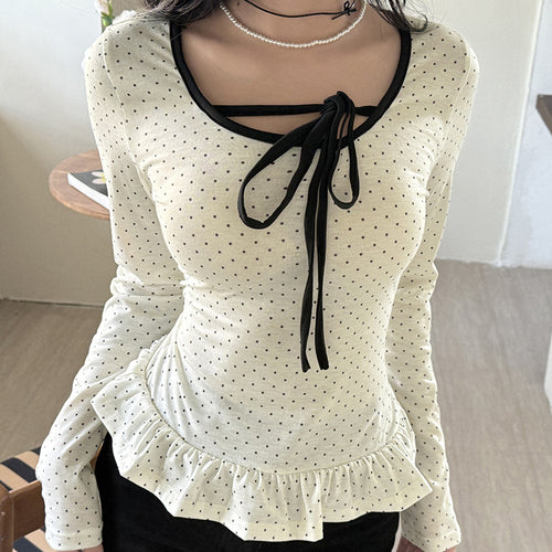 Damen nan tailliertes Longsleeve mit Rüschensaum, Tunnelzug und feinem Punktmuster Shop Nory