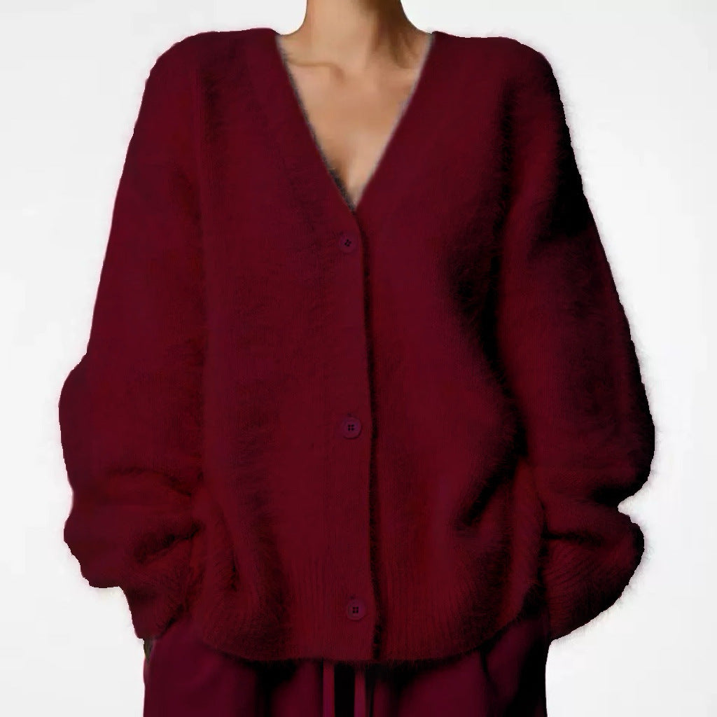 Damen Flauschiger Oversize-Knopfcardigan mit tiefem V-Ausschnitt und Eingrifftaschen Shop Nory