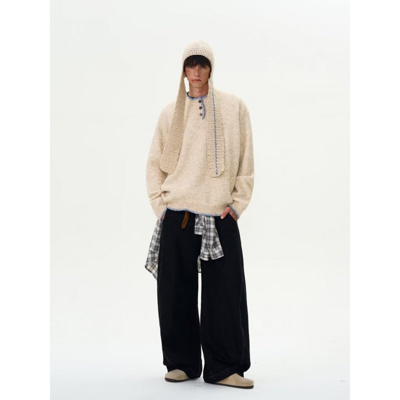 Herren Grobstrick-Henley-Pullover mit Bouclé-Optik und kontrastierten Bündchen Shop Nory