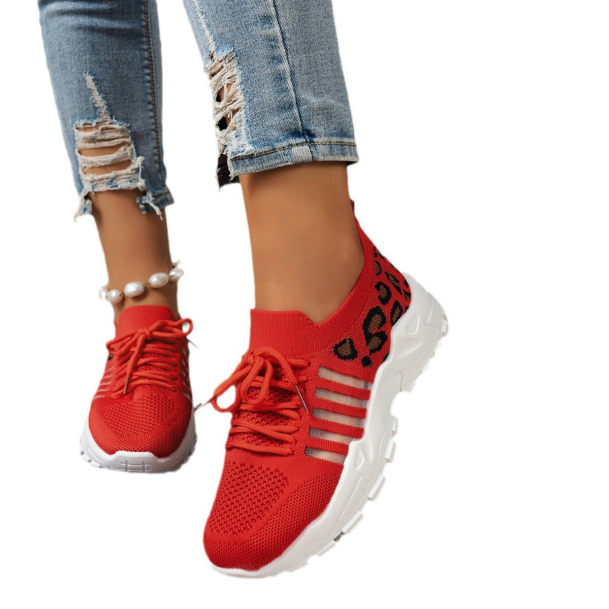 Damen Sportliche Sneakers mit atmungsaktivem Netzdesign und modischem Leopardenmuster Shopnory