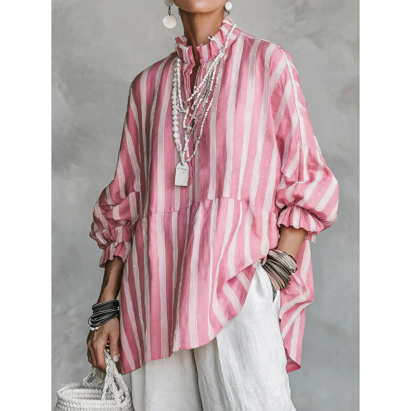 Damen Gestreifte Oversize-Tunika mit Rüschkragen und Ballonärmeln Shop Nory