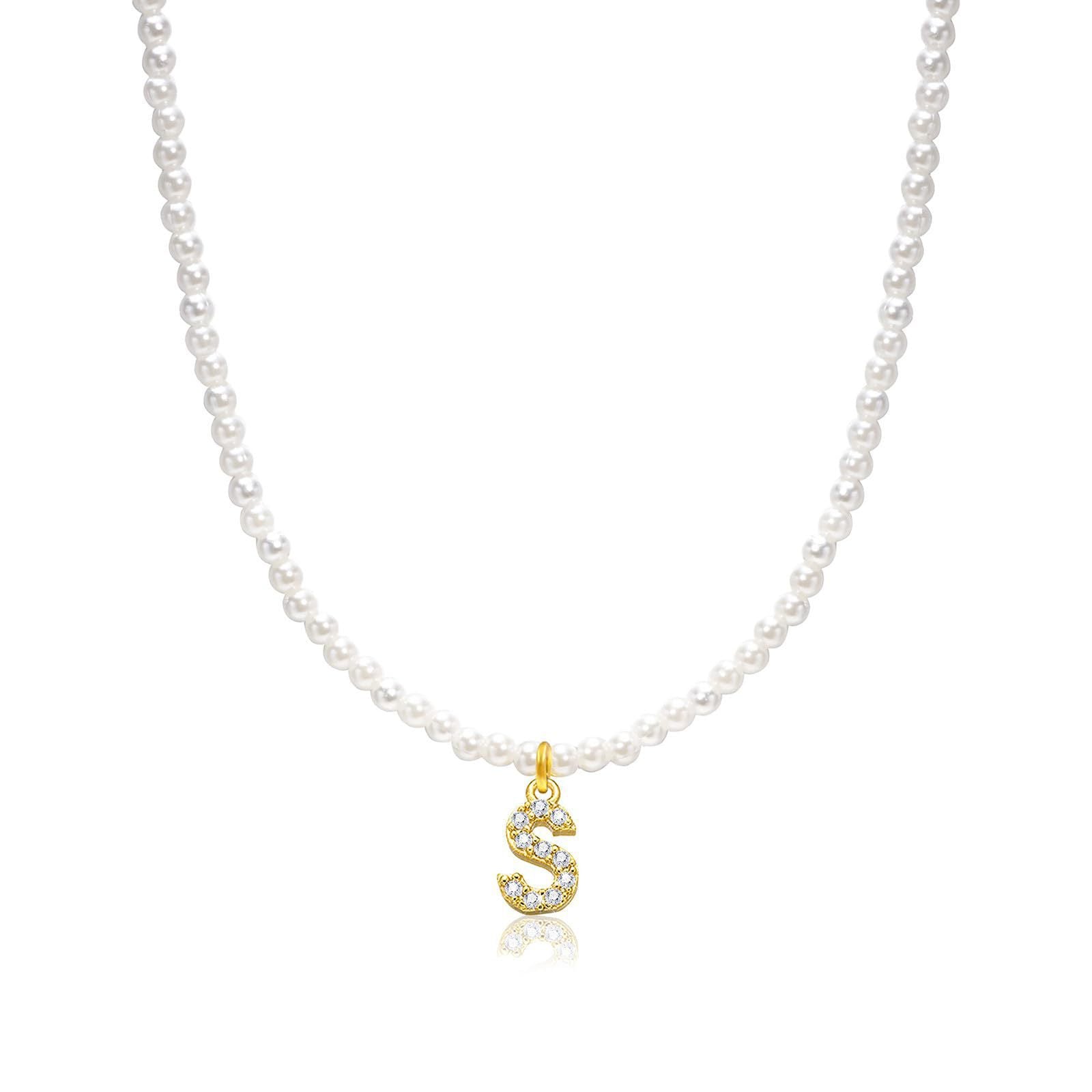 Damen Halskette mit Zuchtperlen und funkelndem Buchstabenanhänger Shop Nory