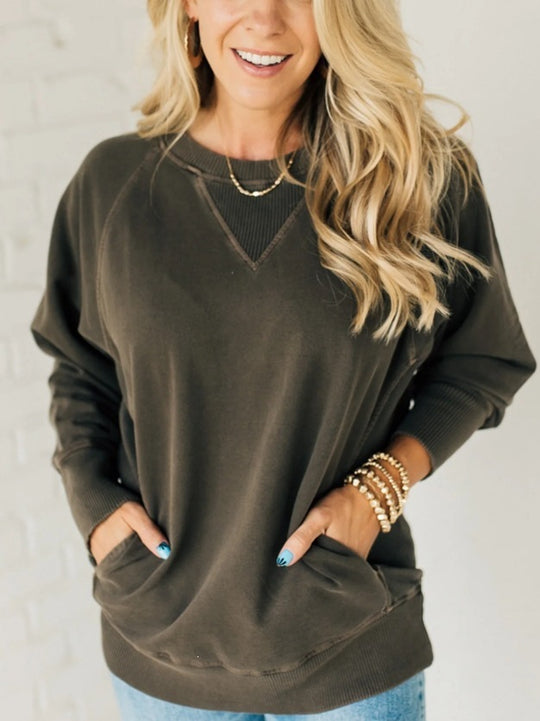 Damen Oversize Baumwoll-Sweatshirt mit V‑Stitch, Rippbündchen und Seitentaschen Shop Nory