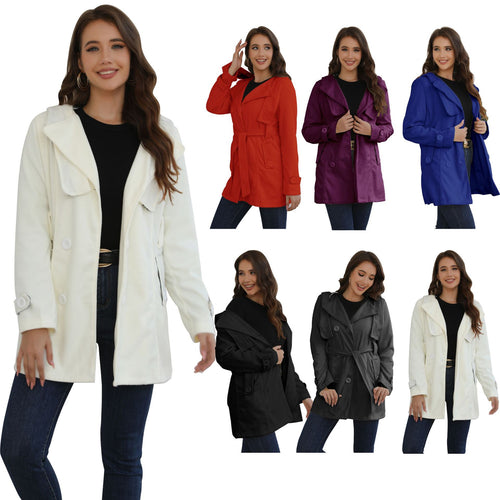 Damen Doppelreihiger Trenchcoat mit Kapuze, Taillengürtel & breitem Revers Shop Nory