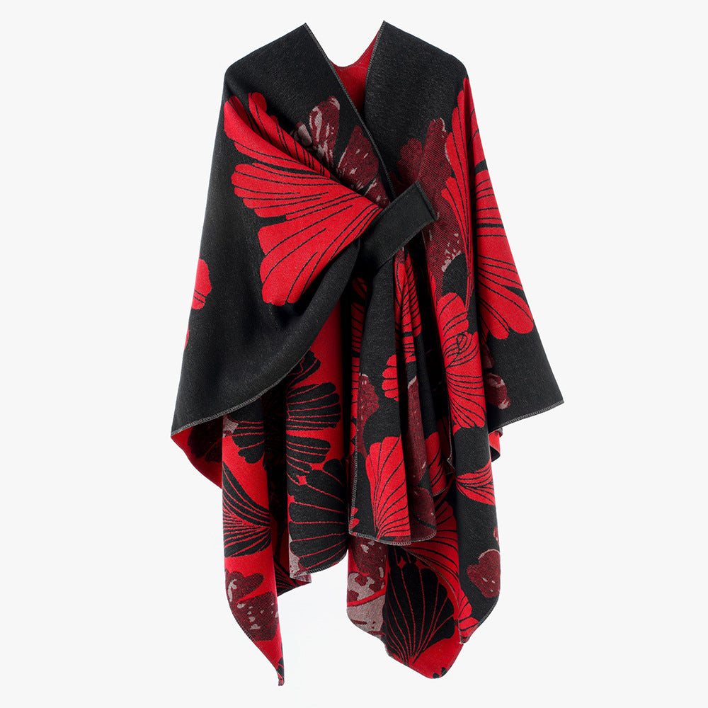 Damen Wickelponcho aus Jacquard mit floralem Muster und Taillengürtel Shop Nory