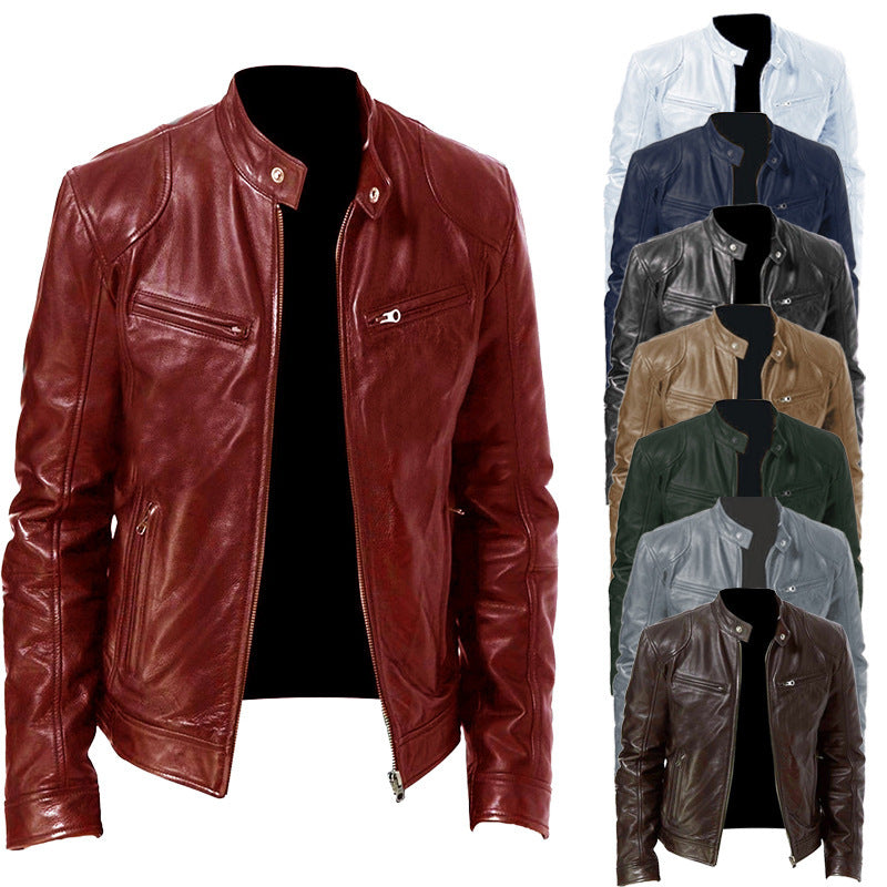 Herren schlanke Echtleder-Bikerjacke mit Stehkragen, zwei Brust-Reißverschlusstaschen und geradliniger Silhouette Shop Nory